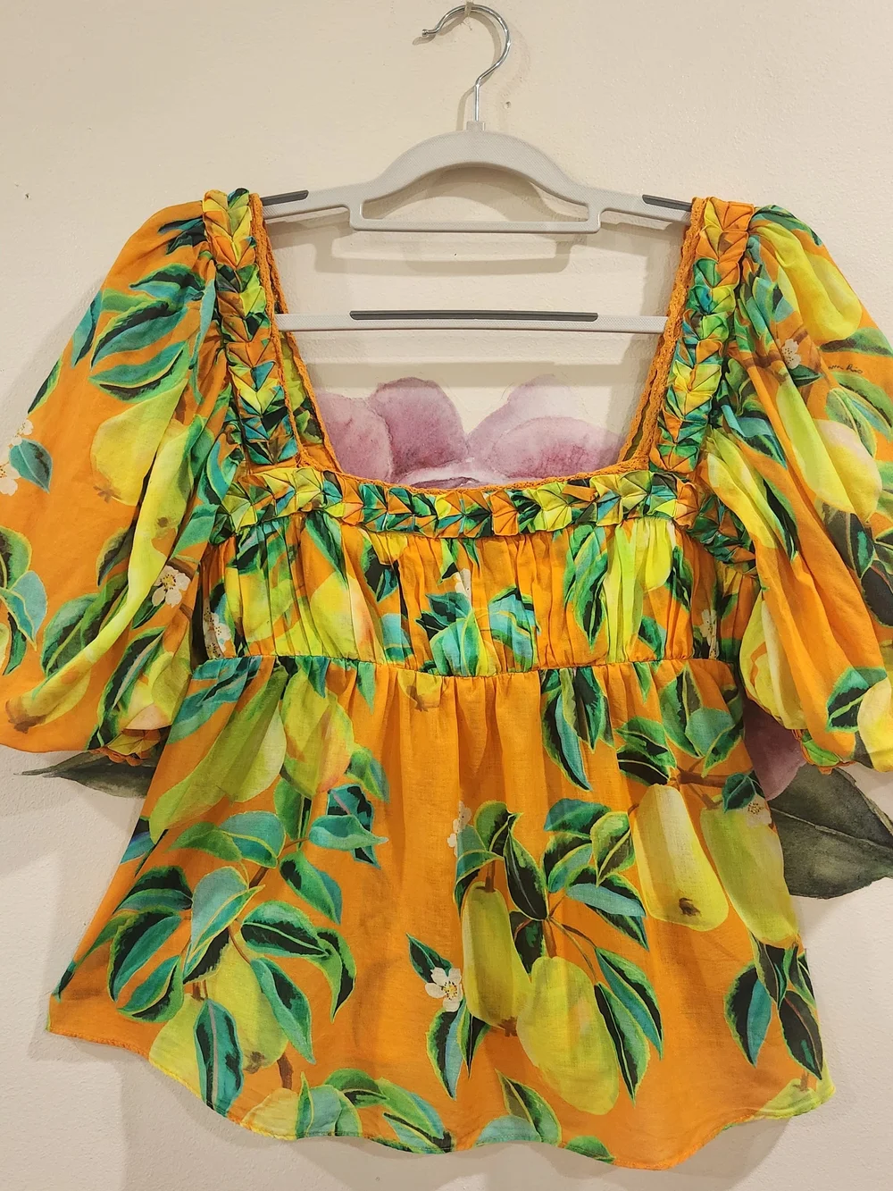 Orange Lemon-Print Peasant Blouse Farm Rio  - Womens Size Xs